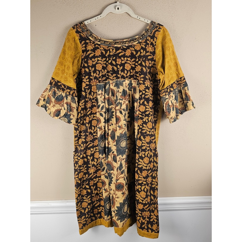 Ritu Kumar Womens Fall Print Patchwork Boho Babydoll Mini Dress Medium - Picture 2 of 6